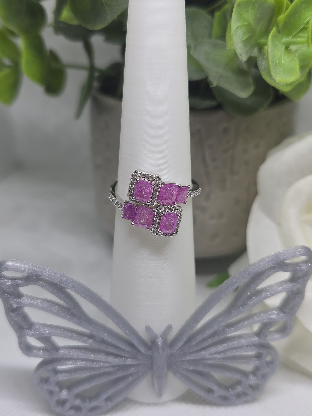 BP Pink Ice Crystal Square Cluster Ring On Rhodium Plating